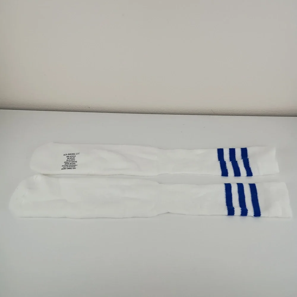 AJ's Socks White Royal Blue Striped Knee High Tube Socks Retro Athletic USA Made